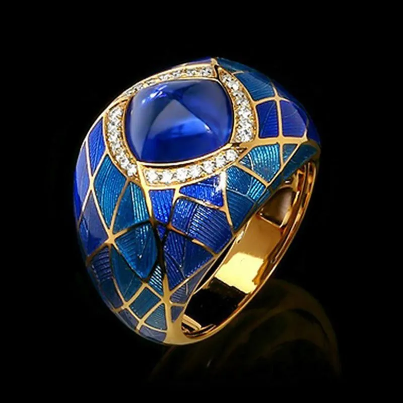 Retro Blue Enamel Gemstone Gold Ring