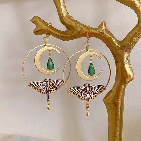 Retro Golden Dragonfly Earrings with Moon Accent
