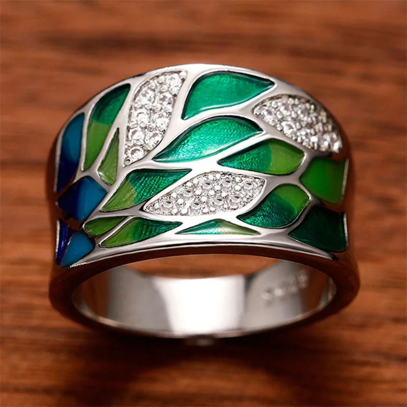 Retro Green Enamel and Zirconia Ring
