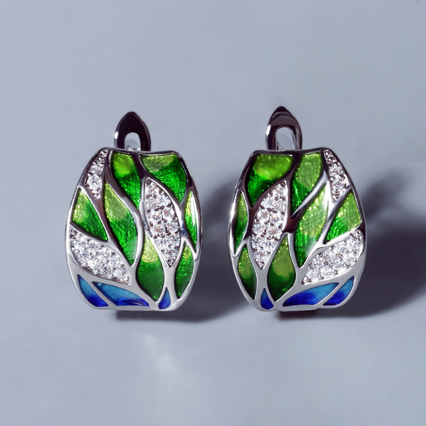 Retro Green Enamel and Zirconia Earrings