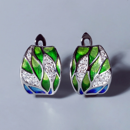 Retro Green Enamel and Zirconia Earrings