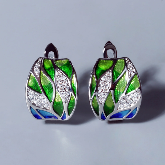 Retro Green Enamel and Zirconia Earrings