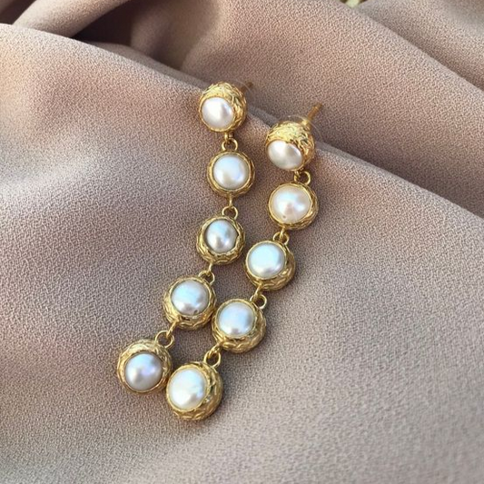 Chic Golden Pearl Drop Earrings with Inlaid Design