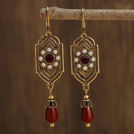 Retro Red Crystal and Pearl Gold Earrings