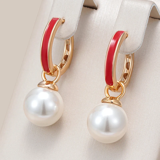 Chic Red Enamel and Pearl Earrings