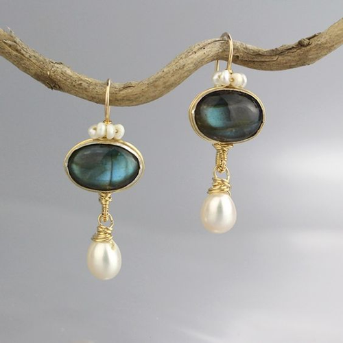 Retro Blue Crystal and Pearl Earrings