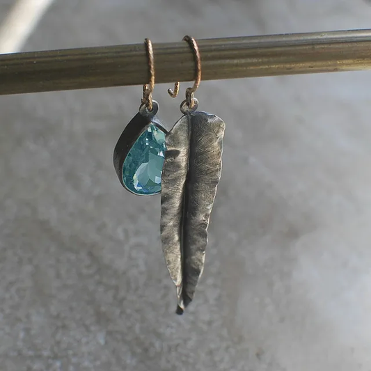 Antique Blue Crystal Silver Leaf Earrings