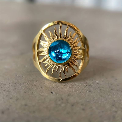 Retro Golden Blue Crystal Solar Ring