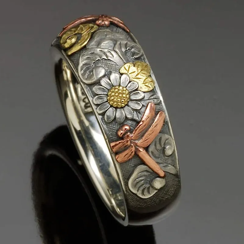 Retro Sunflower and Dragonfly Ring