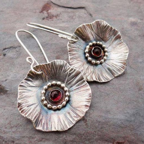 Retro Silver Floral Red Zirconia Earrings