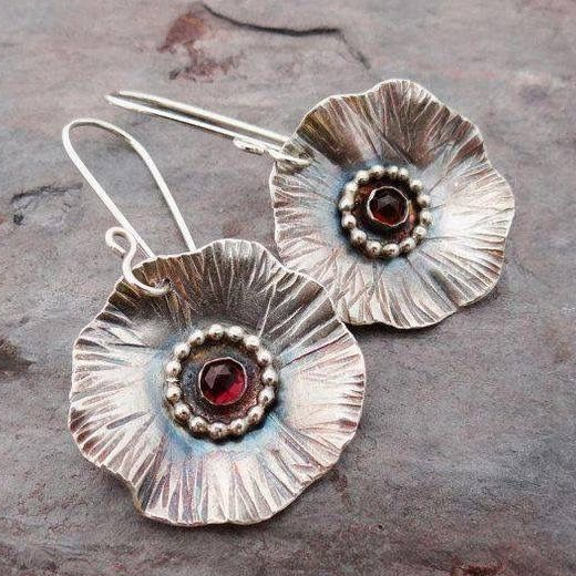 Retro Silver Floral Red Zirconia Earrings