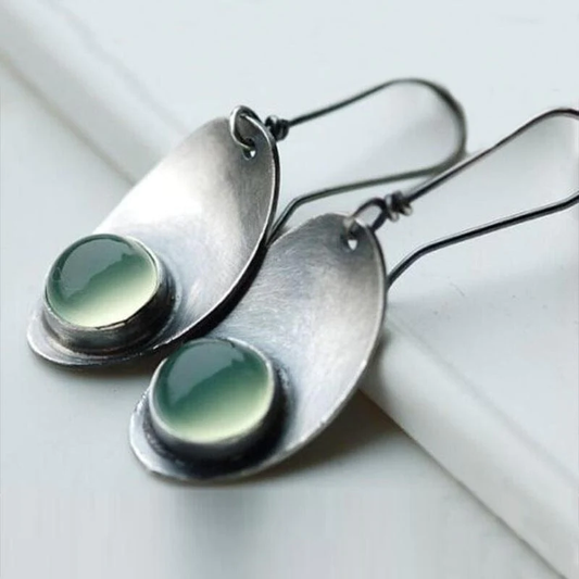 Retro Green Crystal Silver-Plated Earrings