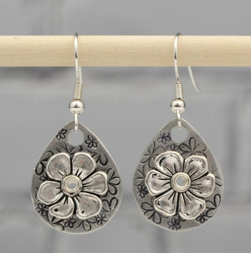 Retro Silver Floral Drop Earrings