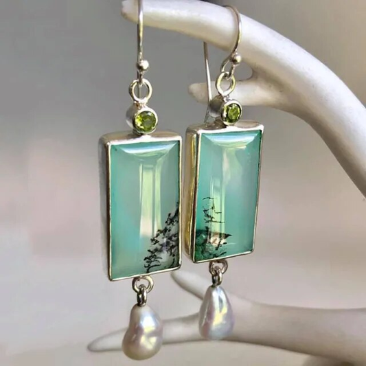 Retro Turquoise Rectangular Pearl Earrings