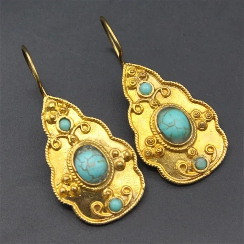 Retro Gold Inlaid Turquoise Stone Earrings