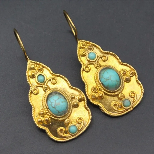 Retro Gold Inlaid Turquoise Stone Earrings
