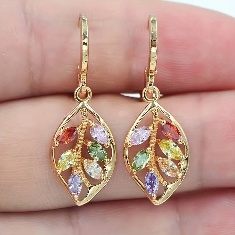 Retro Colorful Zirconia Golden Leaf Earrings