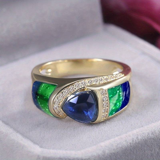 Retro Blue and Green Zirconia Gold Ring