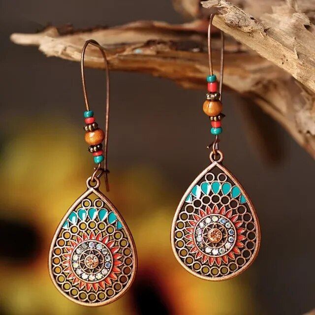 Retro Colorful Mandala Bronze Earrings