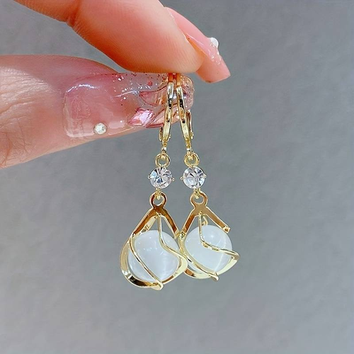 Classic Golden Earrings with Vintage White Opal Drops