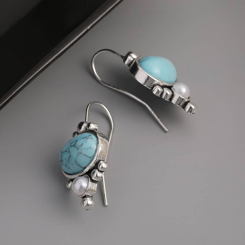 Retro Blue Sky Stone and Pearl Earrings
