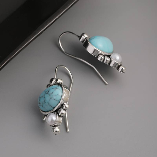 Retro Blue Sky Stone and Pearl Earrings