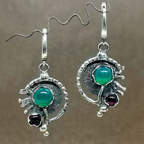 Retro Turquoise Crystal Silver Earrings
