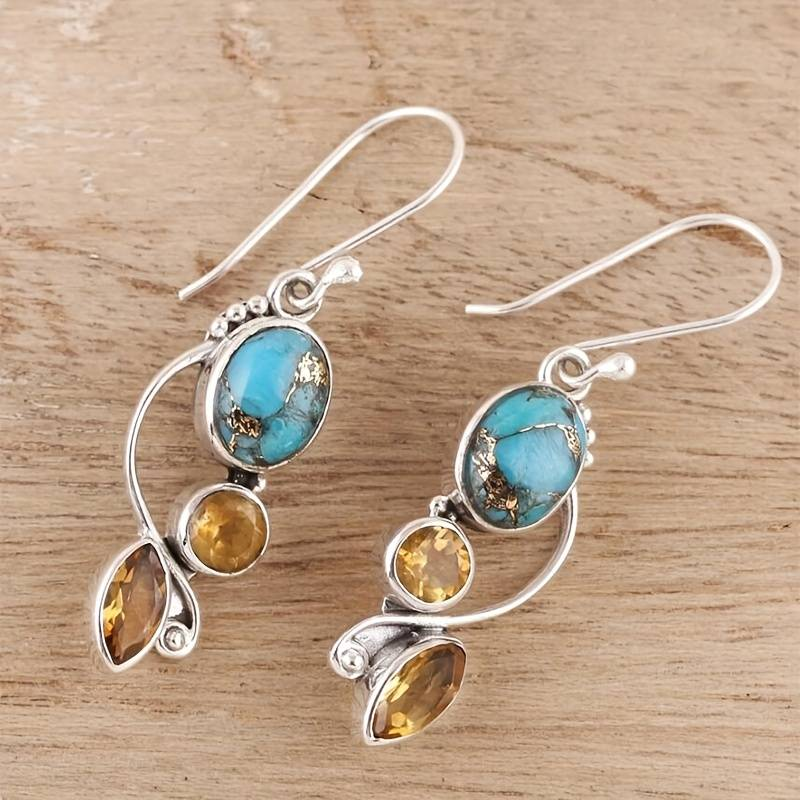 Retro Blue Gemstone and Crystal Earrings