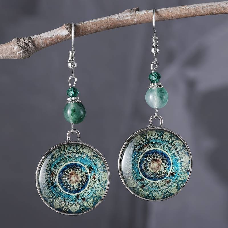 Retro Blue Round Mandala Drop Earrings