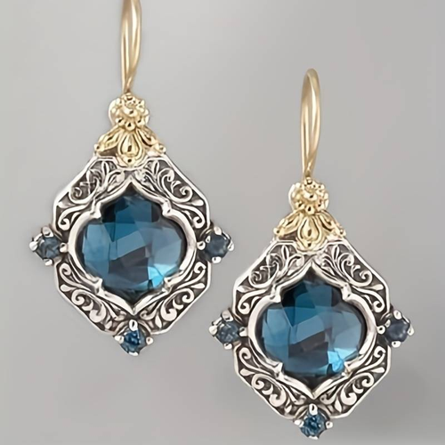 Retro Blue Crystal Earrings with Gold and Silver Accents