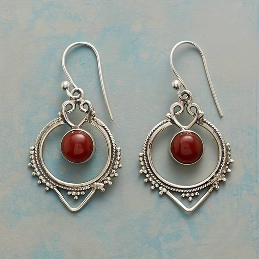 Antique-Inspired Silver Earrings with Red Stone Mandala Design