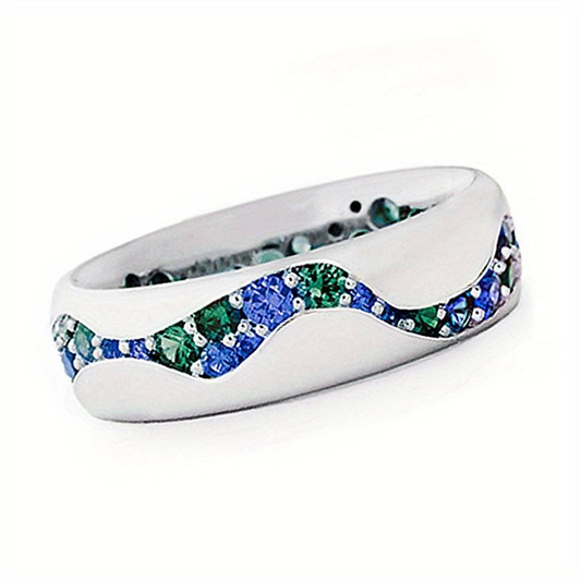 Retro Blue and Green Inlaid Zirconia Silver Ring