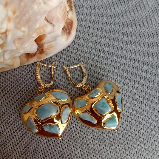 Retro Turquoise and Gold Heart Earrings