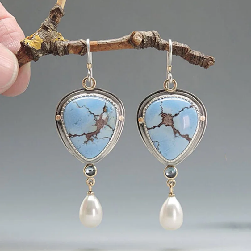 Retro Blue and Pearl Stone Earrings