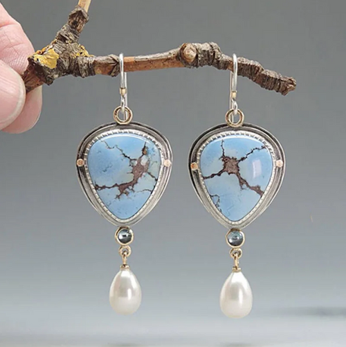 Retro Blue and Pearl Stone Earrings