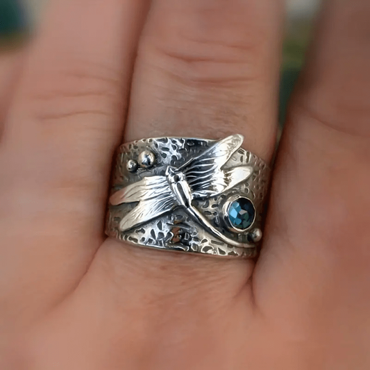 Antique Silver Ring with Blue Crystal Dragonfly Design