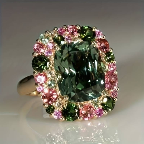Retro Green and Pink Crystal Ring