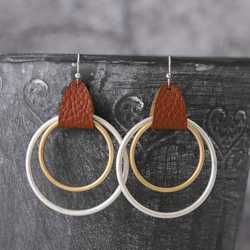 Retro Leather Earrings with Gold and Silver Accents