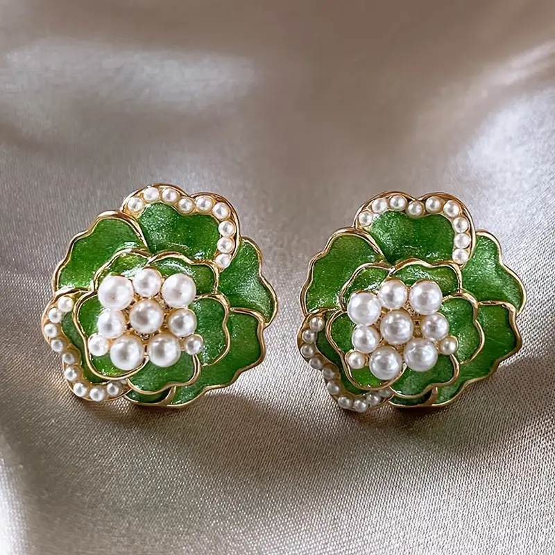 Elegant Pearl-Accented Green Enamel Earrings