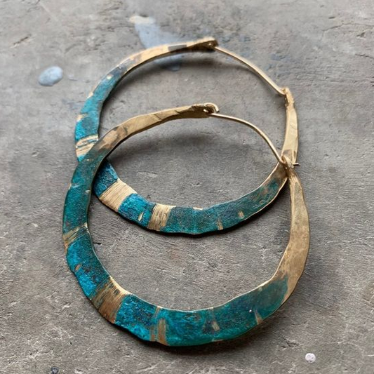 Retro Blue and Gold Hoop Earrings