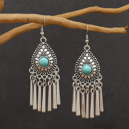 Retro Turquoise and Silver Drop Earrings