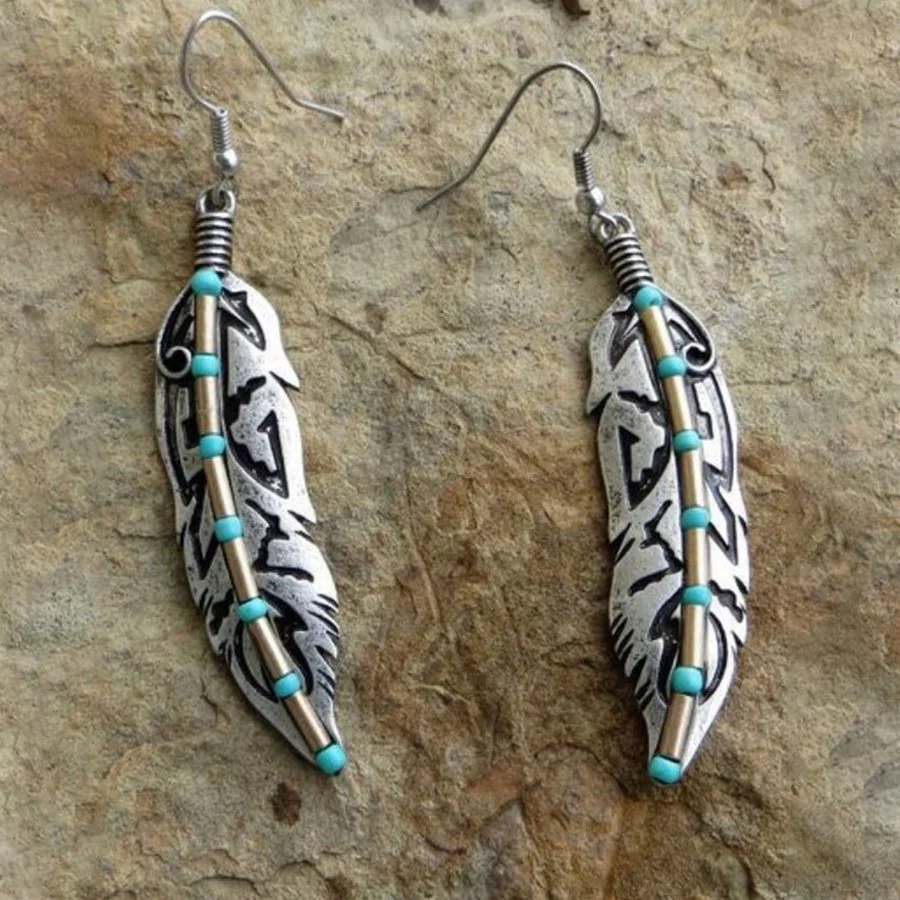 Retro Turquoise Inlay Leaf Earrings