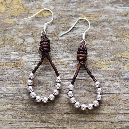 Retro Silver Beaded Leather Earrings