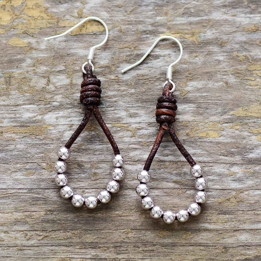 Retro Silver Beaded Leather Earrings