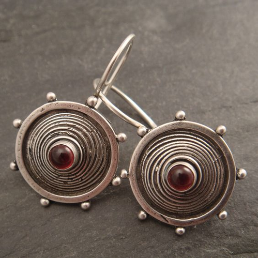 Retro Silver Earrings with Red Inlaid Stone