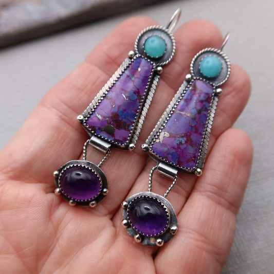 Retro Purple Crystal and Gemstone Earrings