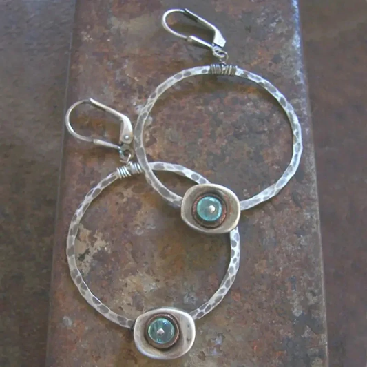 Retro Silver Hoop Earrings with Blue Stone Accent