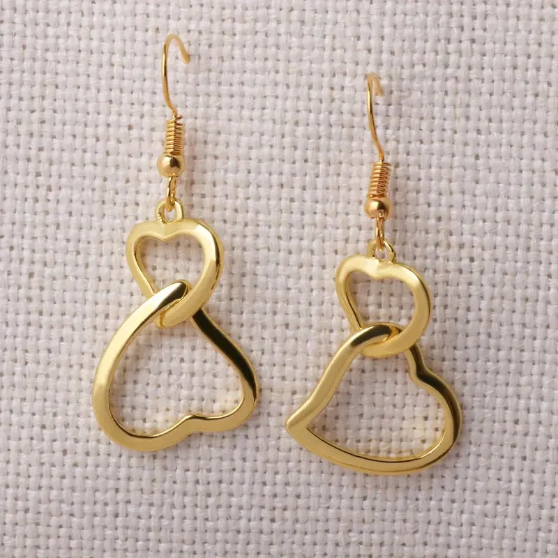 Retro Gold Heart Earrings with Chain Detail