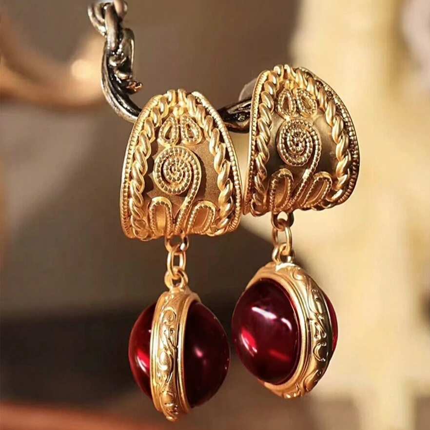 Retro Gold Earrings with Red Crystal Accents