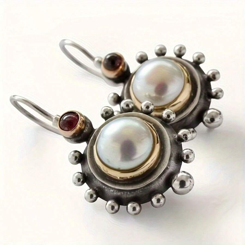 Antique Silver Earrings with Inlaid Pearls